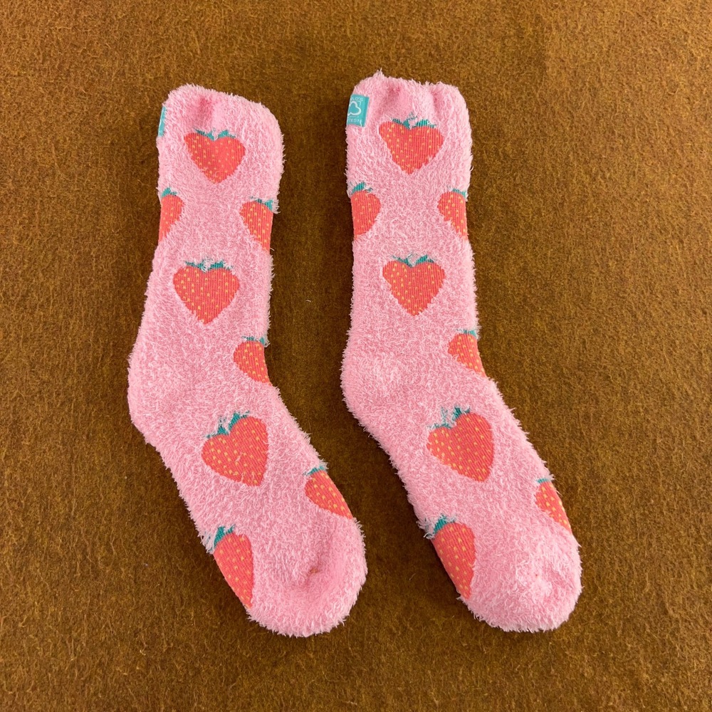 World's Softest Womens OS Pink Strawberry Fuzzy Plush Crew Socks New